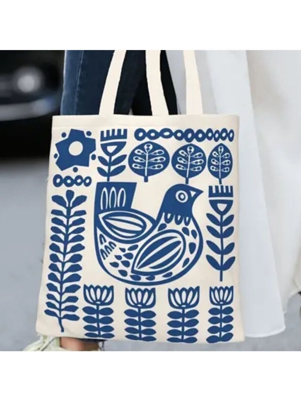 Scandinavian Bird Tote: Nordic Folk Art Style Purse Bag - Picture 3 of 3